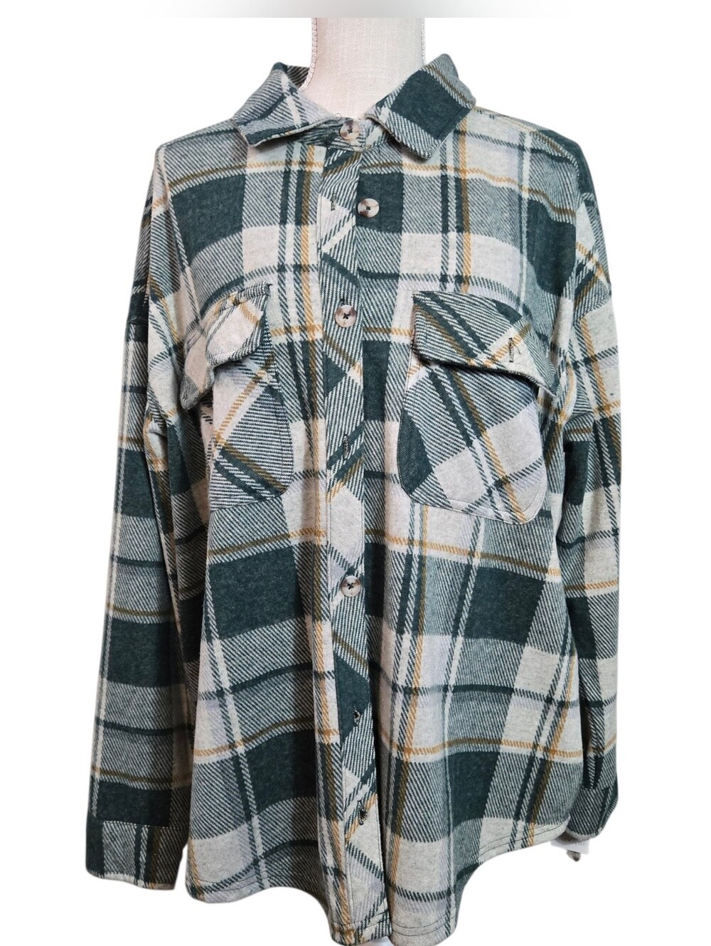 Ultra Flirt | 2X | Green and Cream Plaid Button Down Flannel Shirt